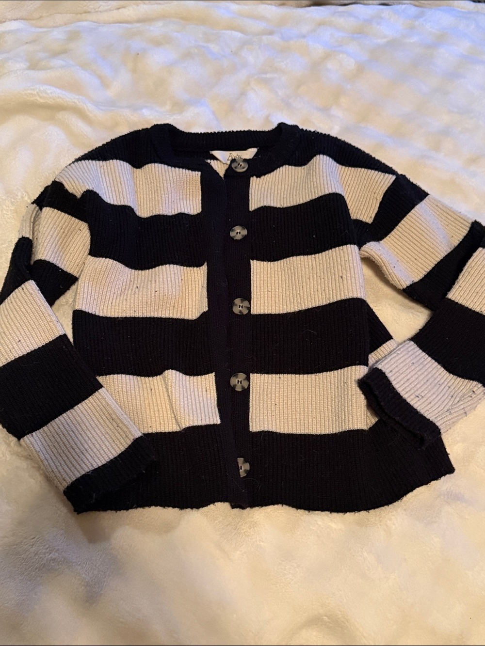 Striped Black and Cream Button-Front Cardigan Sweater